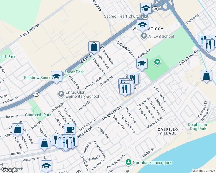 map of restaurants, bars, coffee shops, grocery stores, and more near 10215 Alexandria Street in Ventura