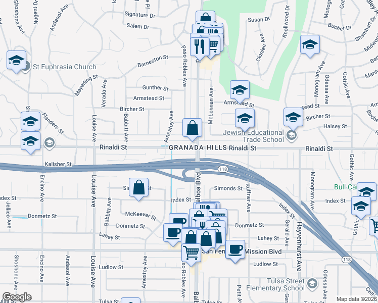 map of restaurants, bars, coffee shops, grocery stores, and more near 17014 Rinaldi Street in Los Angeles