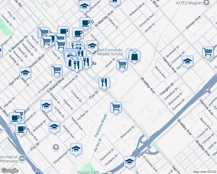 map of restaurants, bars, coffee shops, grocery stores, and more near 530 Robert F Kennedy Drive in San Fernando
