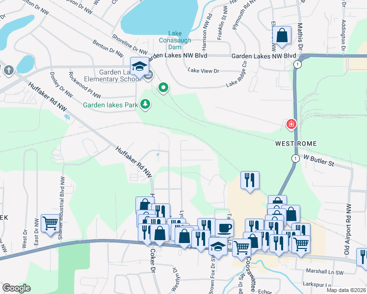 map of restaurants, bars, coffee shops, grocery stores, and more near 124 Lyons Drive Northwest in Rome
