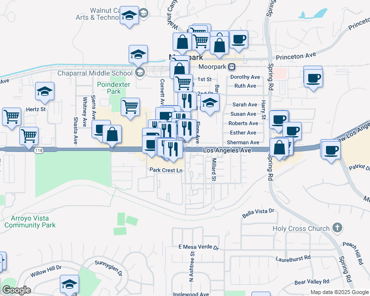 map of restaurants, bars, coffee shops, grocery stores, and more near 2 Moorpark Avenue in Moorpark