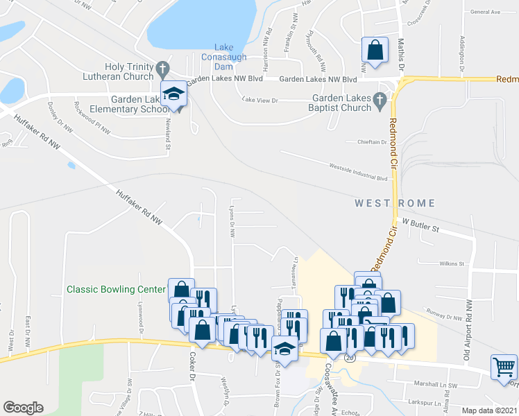 map of restaurants, bars, coffee shops, grocery stores, and more near 21 Westwillow Drive Northwest in Rome