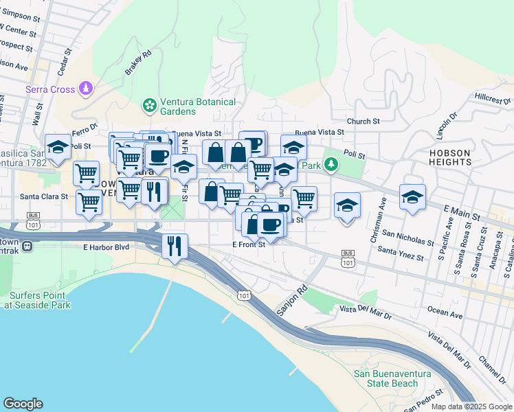 map of restaurants, bars, coffee shops, grocery stores, and more near 136 South Laurel Street in Ventura