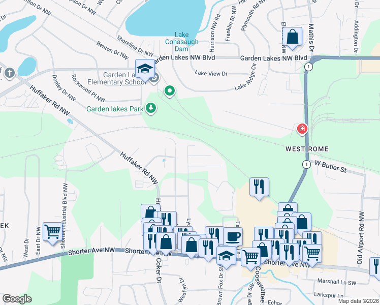 map of restaurants, bars, coffee shops, grocery stores, and more near 124 Lyons Drive Northwest in Rome