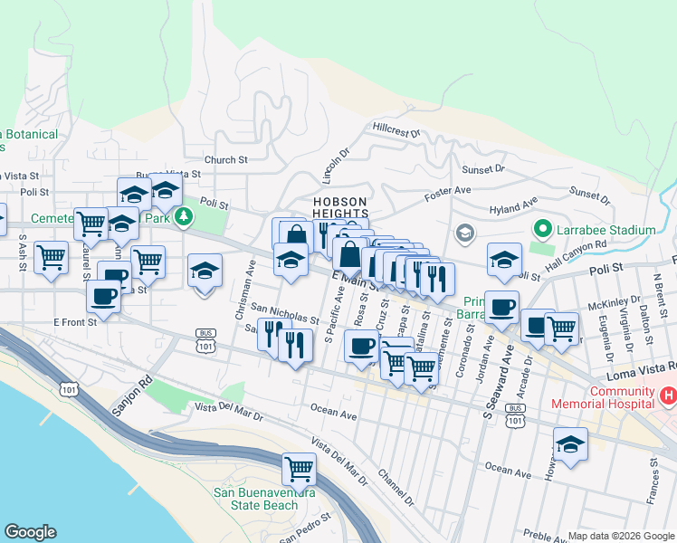 map of restaurants, bars, coffee shops, grocery stores, and more near 1729 East Main Street in Ventura