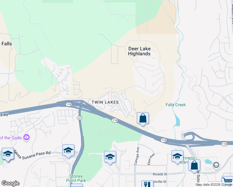 map of restaurants, bars, coffee shops, grocery stores, and more near 21551 Wahoo Trail in Los Angeles