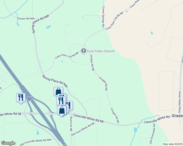 map of restaurants, bars, coffee shops, grocery stores, and more near 137 Grogan Road Northeast in White
