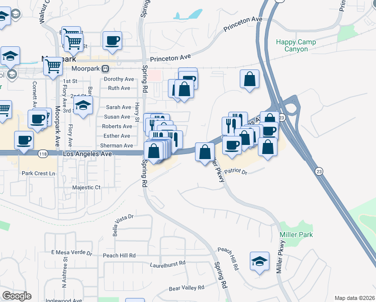 map of restaurants, bars, coffee shops, grocery stores, and more near 301 Science Drive in Moorpark