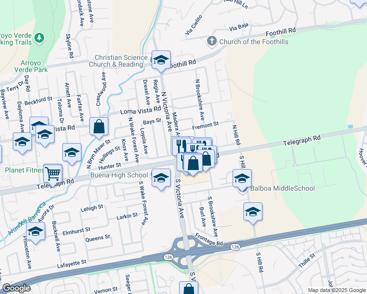 map of restaurants, bars, coffee shops, grocery stores, and more near 48 Madera Avenue in Ventura