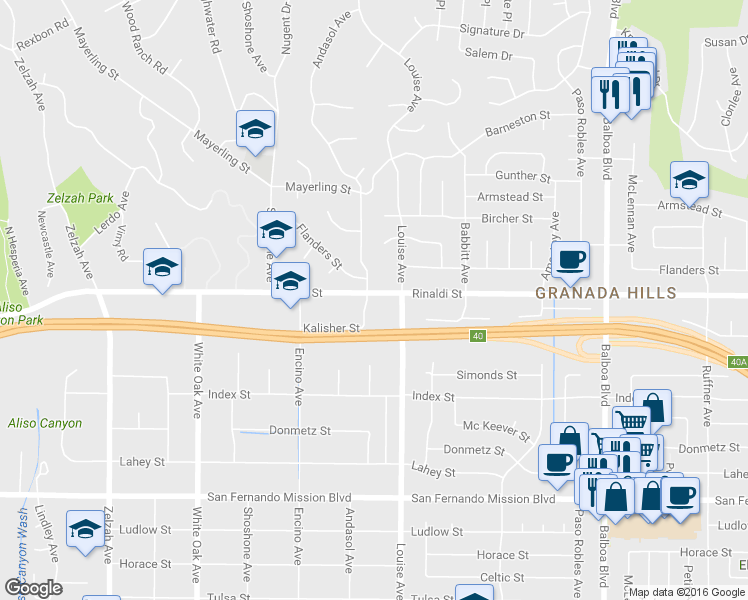 map of restaurants, bars, coffee shops, grocery stores, and more near 17333 Rinaldi Street in Los Angeles