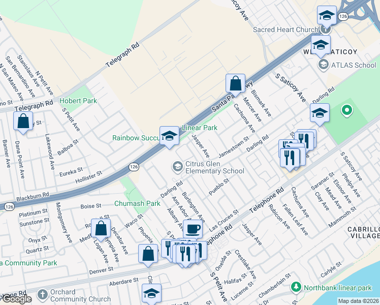 map of restaurants, bars, coffee shops, grocery stores, and more near 674 Providence Avenue in Ventura