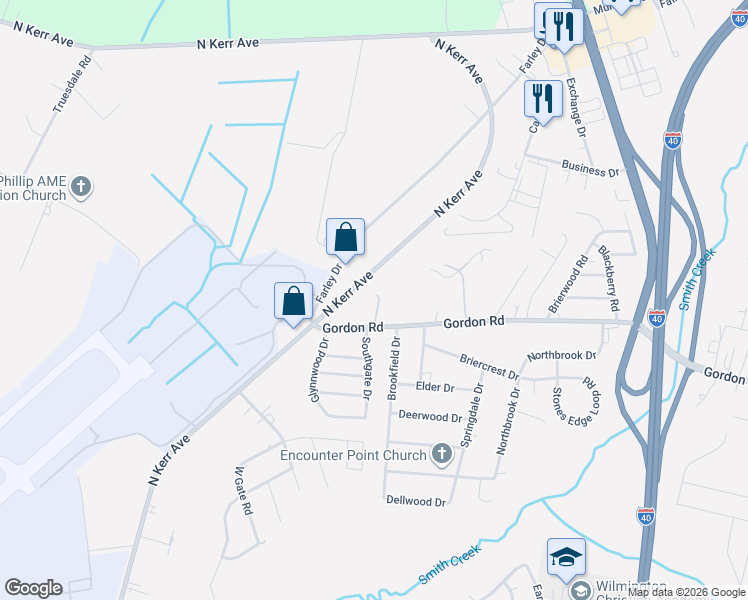 map of restaurants, bars, coffee shops, grocery stores, and more near 4241 Gordon Road in Wilmington