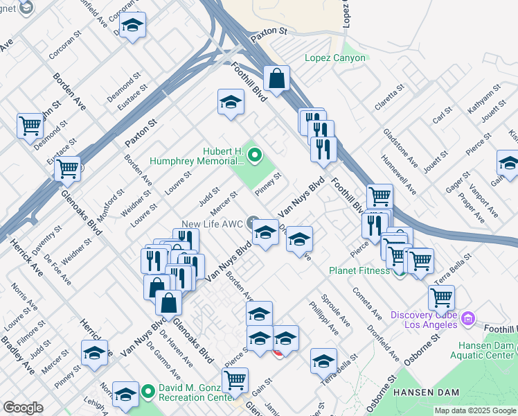 map of restaurants, bars, coffee shops, grocery stores, and more near 12476 Claretta Street in Los Angeles