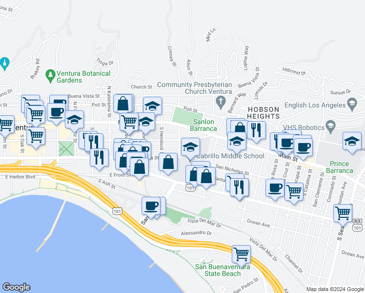 map of restaurants, bars, coffee shops, grocery stores, and more near 1310 East Santa Clara Street in Ventura