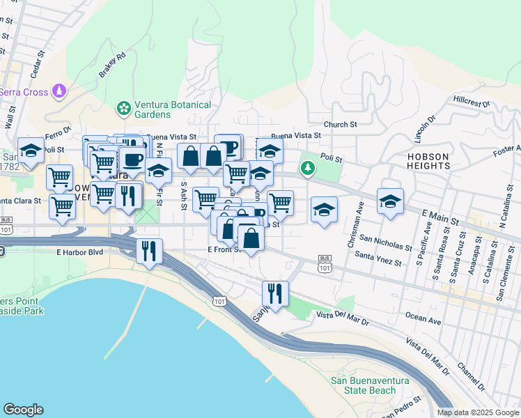 map of restaurants, bars, coffee shops, grocery stores, and more near 1058 East Santa Clara Street in Ventura