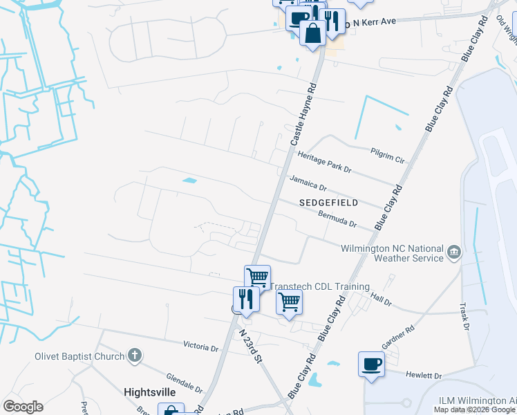 map of restaurants, bars, coffee shops, grocery stores, and more near 2131 Castle Hayne Road in Wilmington
