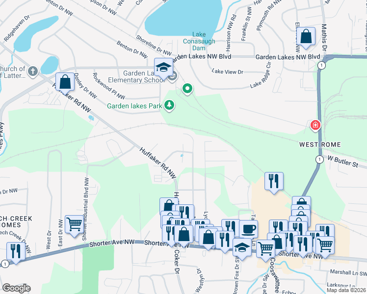 map of restaurants, bars, coffee shops, grocery stores, and more near 68 Prescott Lane Northwest in Rome