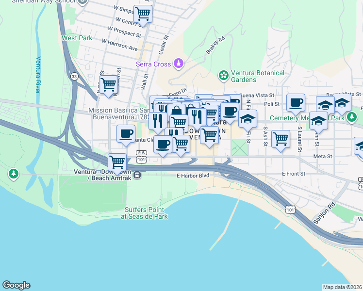 map of restaurants, bars, coffee shops, grocery stores, and more near 134 South Palm Street in Ventura