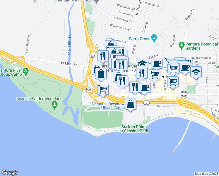 map of restaurants, bars, coffee shops, grocery stores, and more near 130 Beach Side Court in Ventura