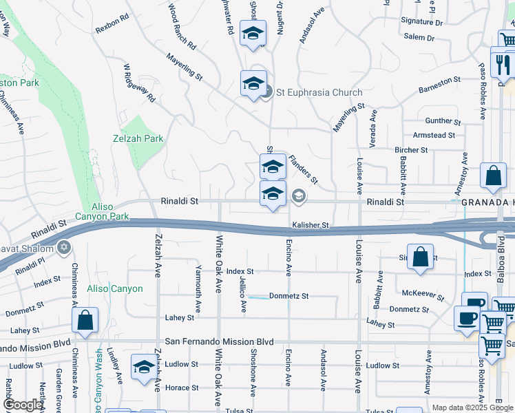 map of restaurants, bars, coffee shops, grocery stores, and more near 17560 Rinaldi Street in Los Angeles