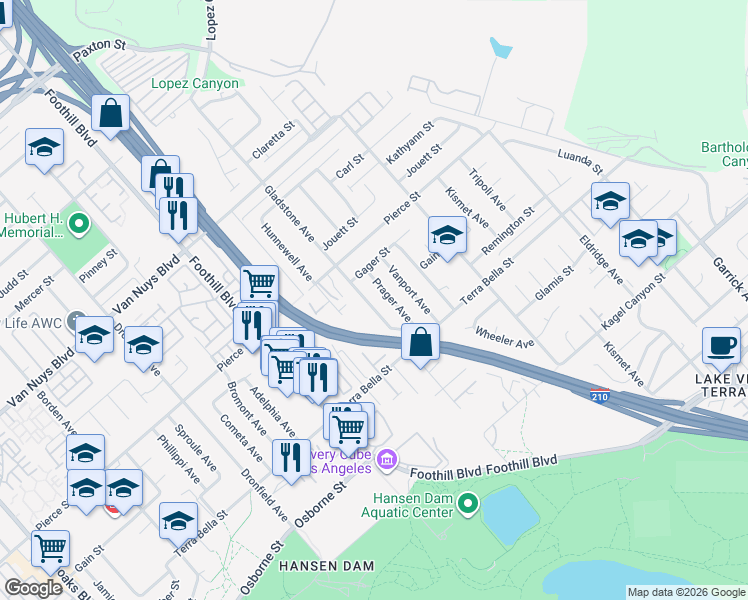 map of restaurants, bars, coffee shops, grocery stores, and more near 11474 Gladstone Avenue in Los Angeles