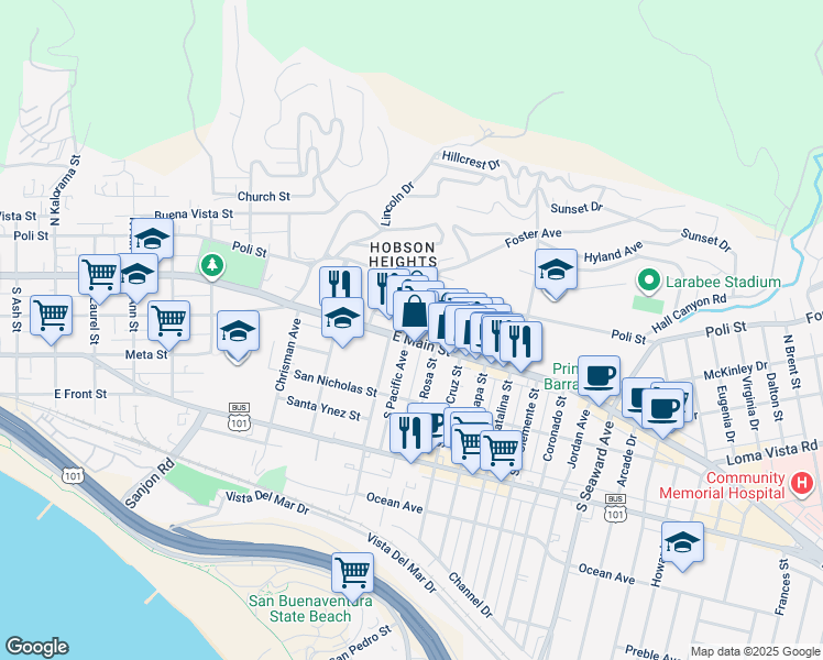map of restaurants, bars, coffee shops, grocery stores, and more near 62 North Pacific Avenue in Ventura