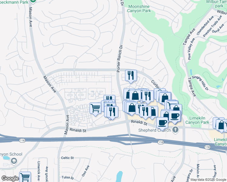 map of restaurants, bars, coffee shops, grocery stores, and more near 11430 Ghiberti Way in Los Angeles