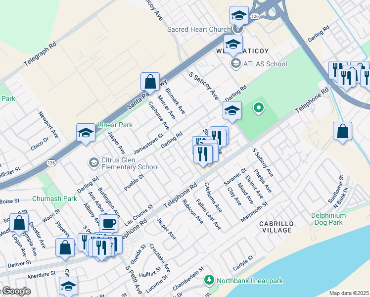 map of restaurants, bars, coffee shops, grocery stores, and more near 10216 Alexandria Street in Ventura
