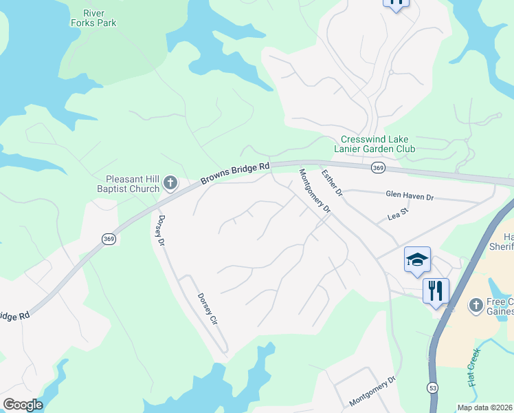 map of restaurants, bars, coffee shops, grocery stores, and more near 3736 Golden Leaf Point Southwest in Gainesville