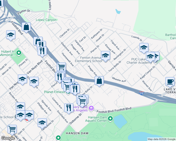 map of restaurants, bars, coffee shops, grocery stores, and more near 11474 Gladstone Avenue in Los Angeles