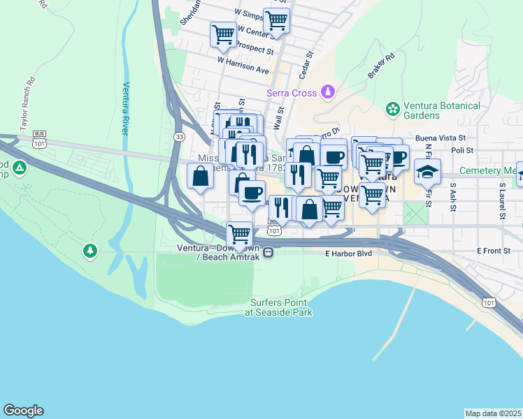 map of restaurants, bars, coffee shops, grocery stores, and more near 24 East Santa Clara Street in Ventura