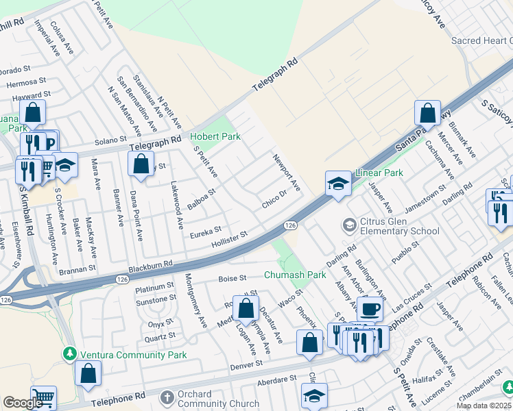 map of restaurants, bars, coffee shops, grocery stores, and more near 9277 Chico Drive in Ventura
