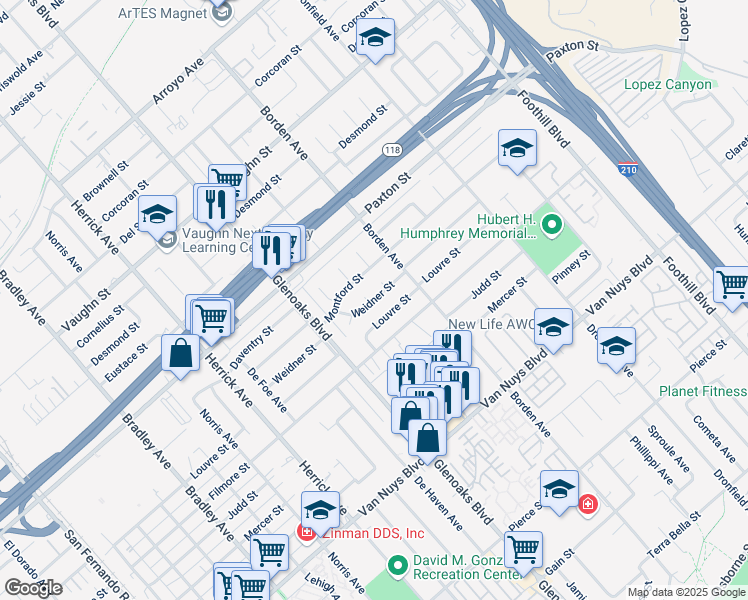 map of restaurants, bars, coffee shops, grocery stores, and more near 13100 Fellows Avenue in Los Angeles