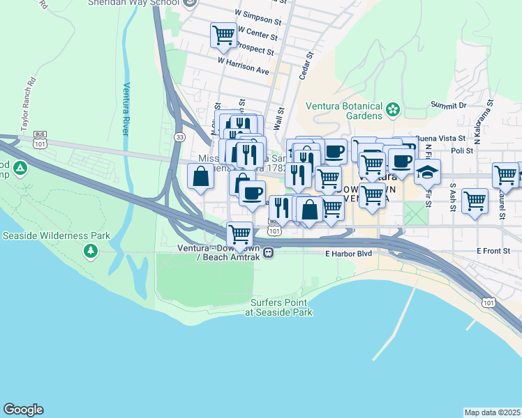 map of restaurants, bars, coffee shops, grocery stores, and more near 123 South Ventura Avenue in Ventura