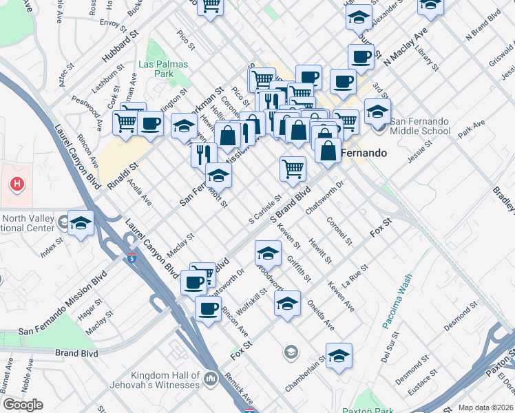 map of restaurants, bars, coffee shops, grocery stores, and more near 1013 Kewen Street in San Fernando
