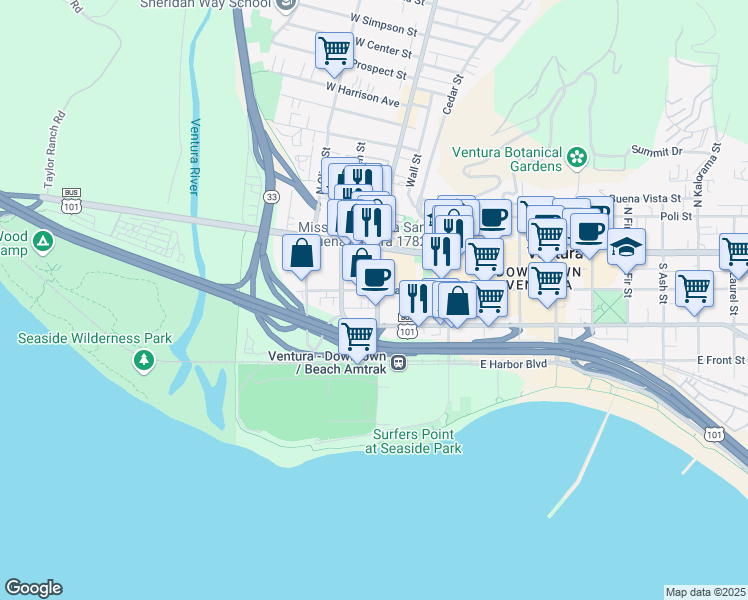 map of restaurants, bars, coffee shops, grocery stores, and more near 123 South Ventura Avenue in Ventura