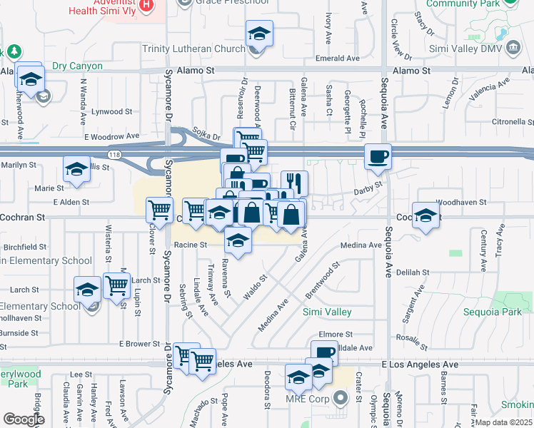 map of restaurants, bars, coffee shops, grocery stores, and more near 2991 Cochran St in Simi Valley