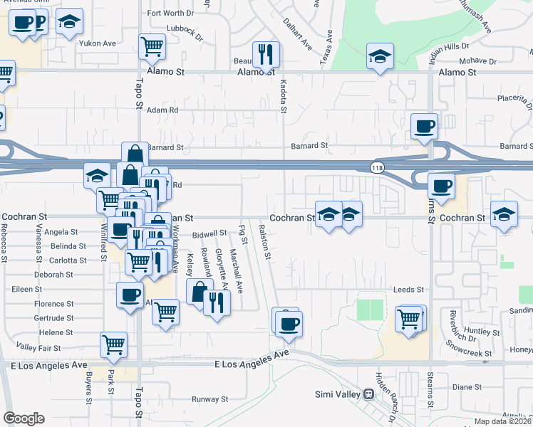map of restaurants, bars, coffee shops, grocery stores, and more near 4759 Cochran Street in Simi Valley