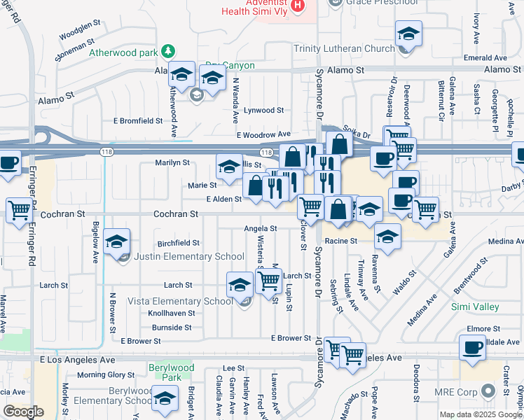 map of restaurants, bars, coffee shops, grocery stores, and more near 2536 East Alden Street in Simi Valley
