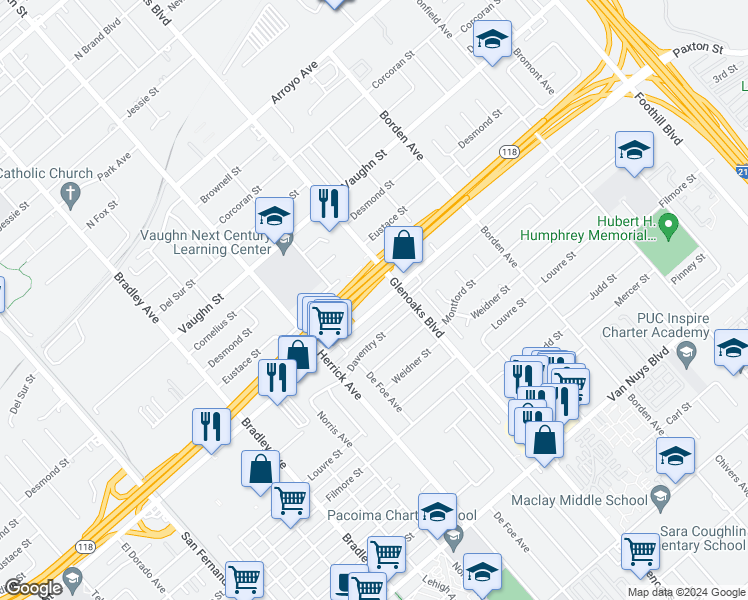 map of restaurants, bars, coffee shops, grocery stores, and more near 13135 Paxton Street in Los Angeles