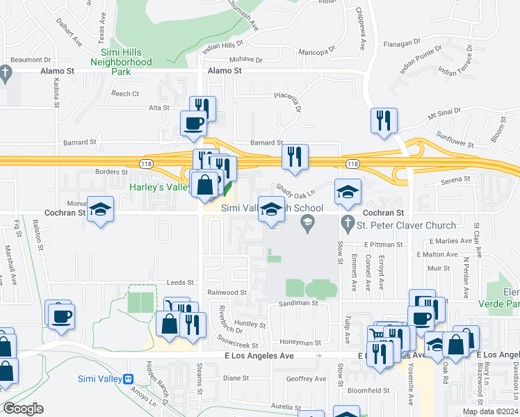 map of restaurants, bars, coffee shops, grocery stores, and more near 5377-5403 Cochran Street in Simi Valley
