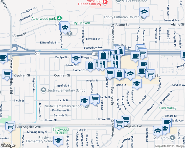 map of restaurants, bars, coffee shops, grocery stores, and more near 2536 East Alden Street in Simi Valley