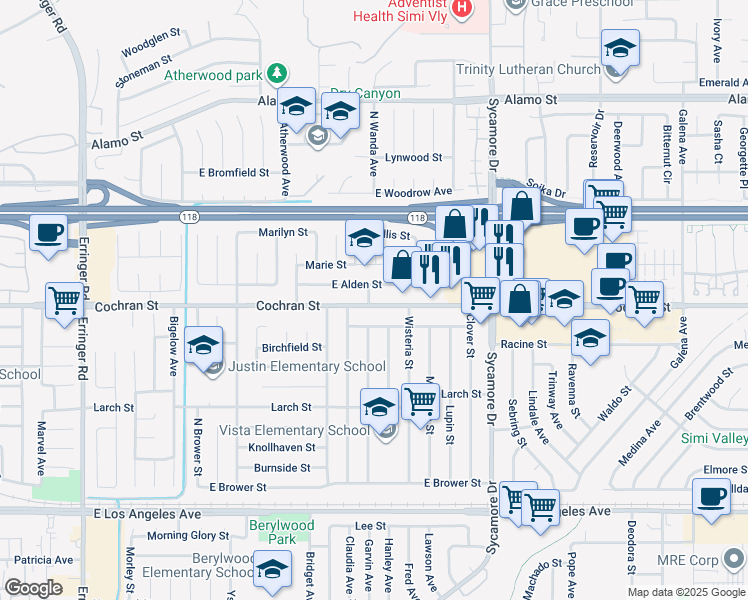 map of restaurants, bars, coffee shops, grocery stores, and more near 2456 East Alden Street in Simi Valley