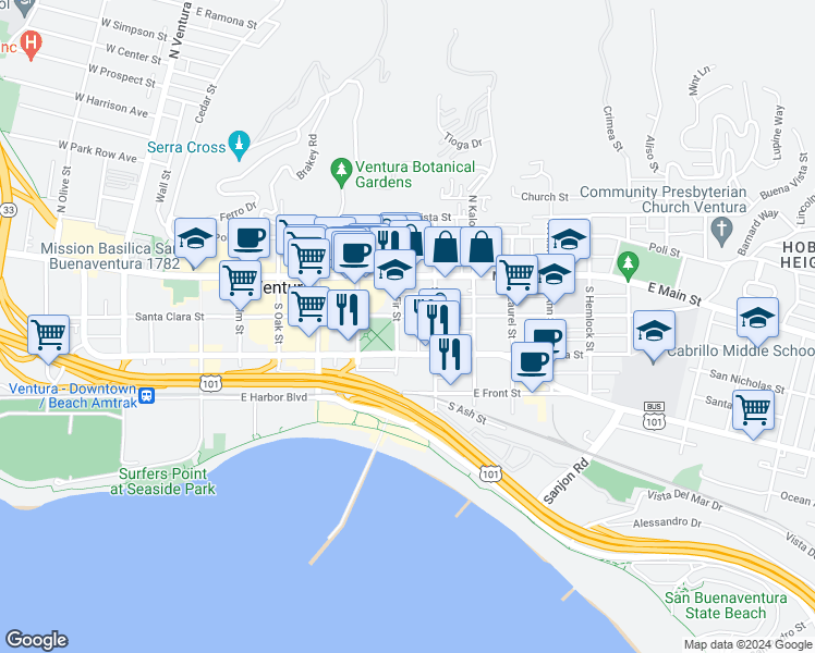 map of restaurants, bars, coffee shops, grocery stores, and more near 793 East Santa Clara Street in Ventura