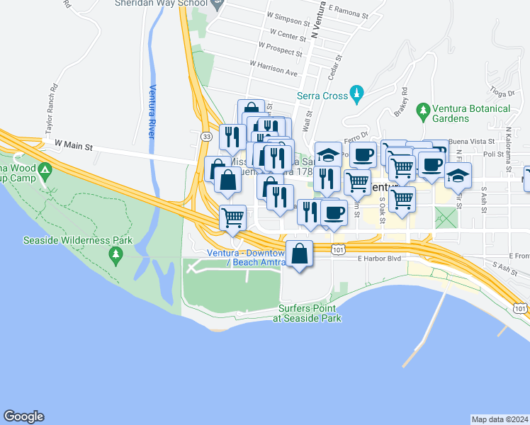map of restaurants, bars, coffee shops, grocery stores, and more near 110 West Santa Clara Street in Ventura