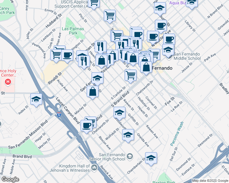 map of restaurants, bars, coffee shops, grocery stores, and more near 1012 Kewen Street in San Fernando