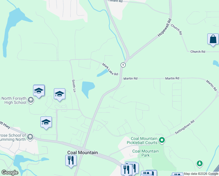 map of restaurants, bars, coffee shops, grocery stores, and more near 3605 Dahlonega Highway in Cumming