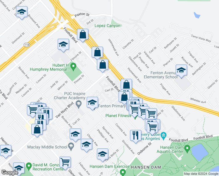 map of restaurants, bars, coffee shops, grocery stores, and more near 12339 Carl Street in Los Angeles