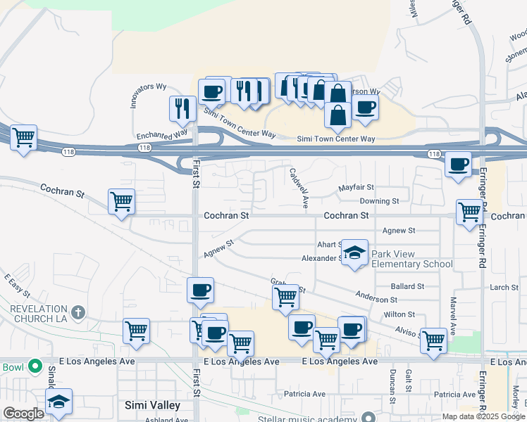 map of restaurants, bars, coffee shops, grocery stores, and more near 2412 Chandler Avenue in Simi Valley