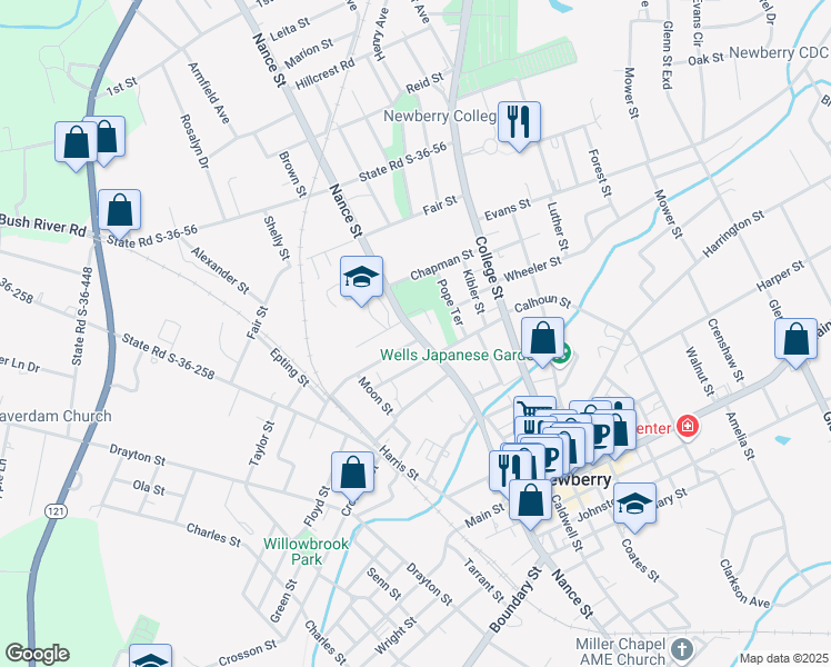 map of restaurants, bars, coffee shops, grocery stores, and more near 1829 Nance Street in Newberry